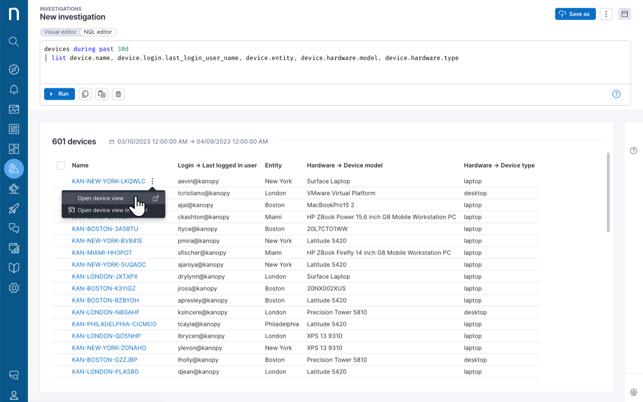 Accessing device view through Investigations