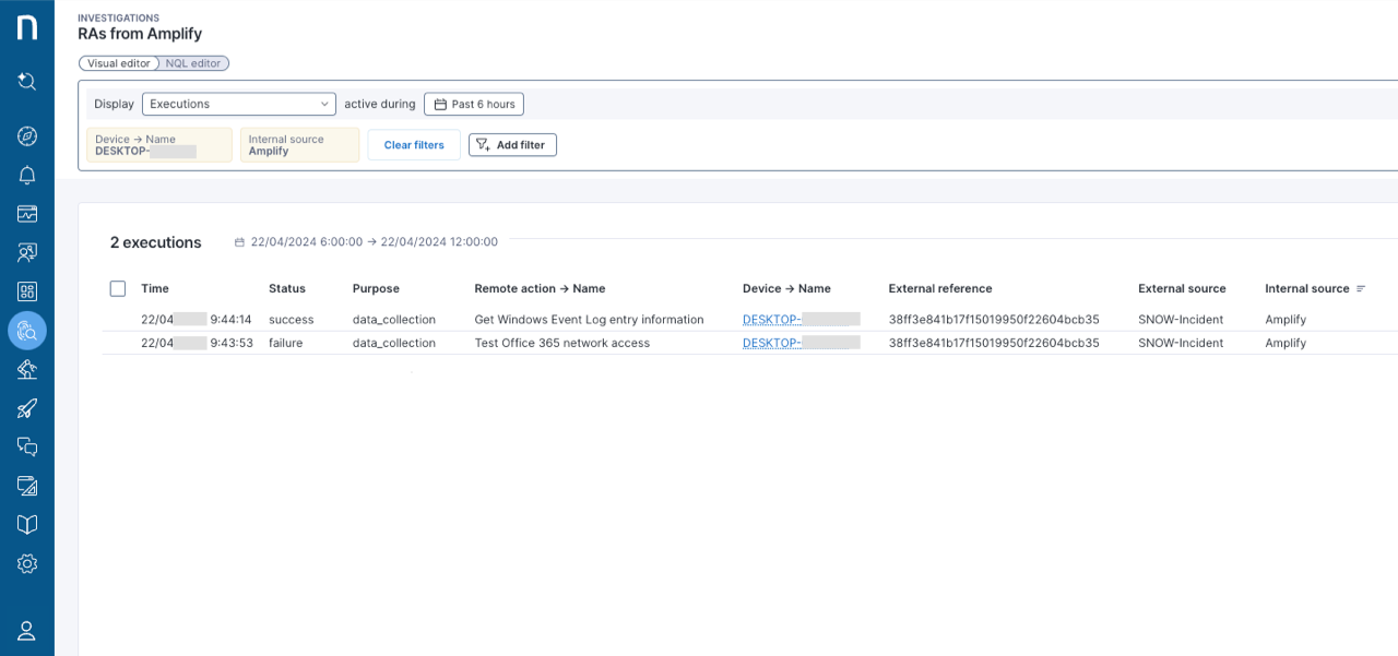 Checking ServiceNow incident or interaction ID in the Nexthink platform.