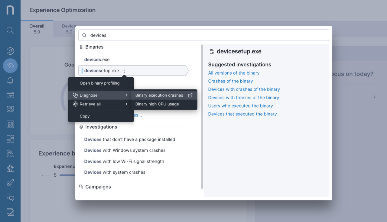 Action menu in search