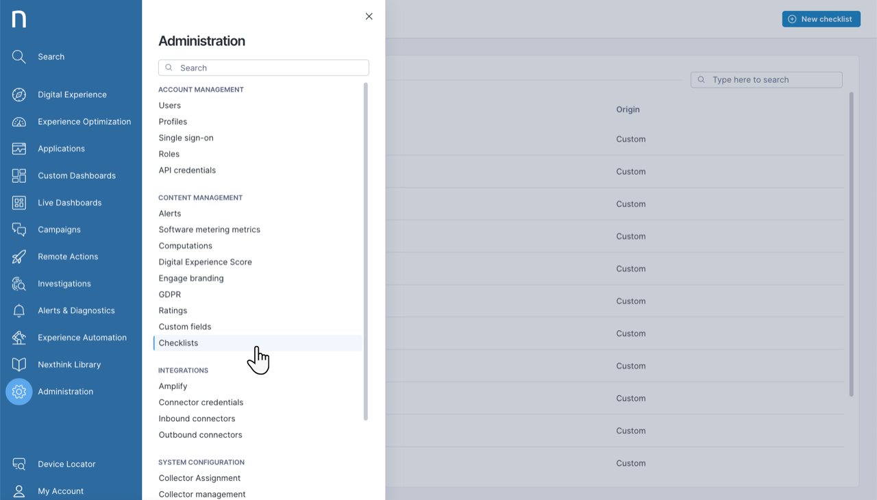 Accessing checklists in the Nexthink web interface