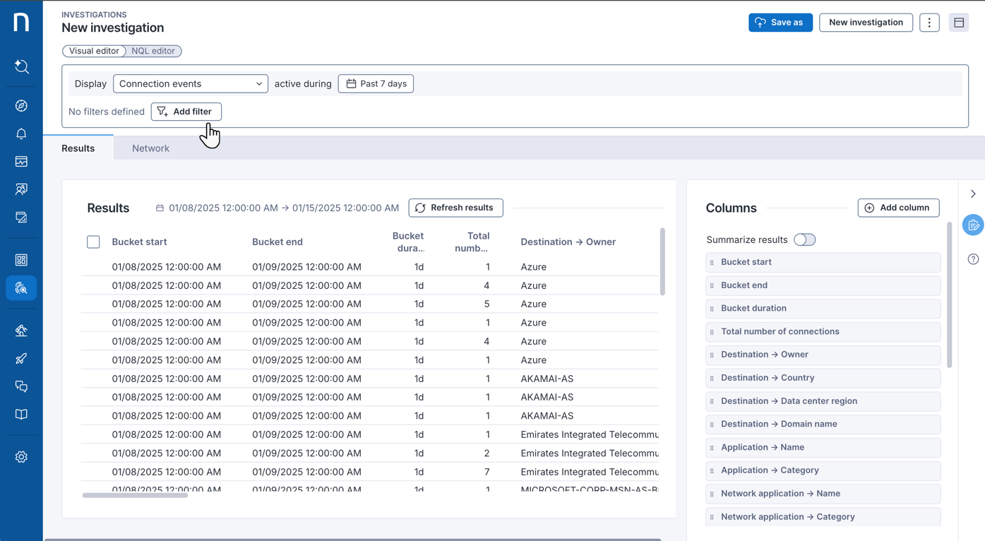 Filtering investigation results