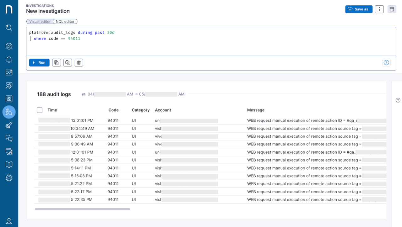 Running Audit logs table and codes in the NQL Editor.