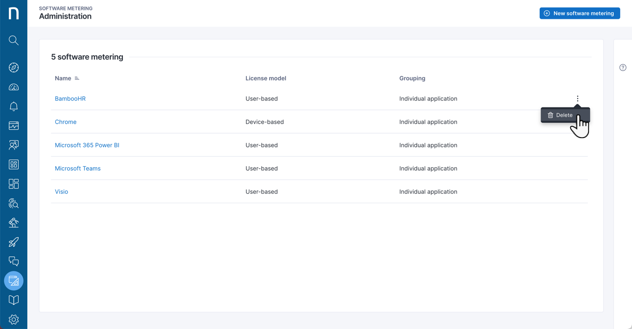 Delete option in the action menu