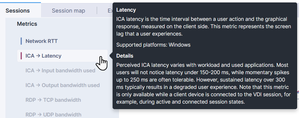 Metric tooltip with details