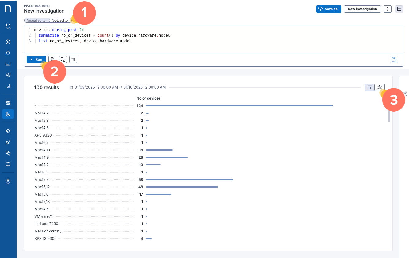 Querying bar chat visualization in NQL editor.