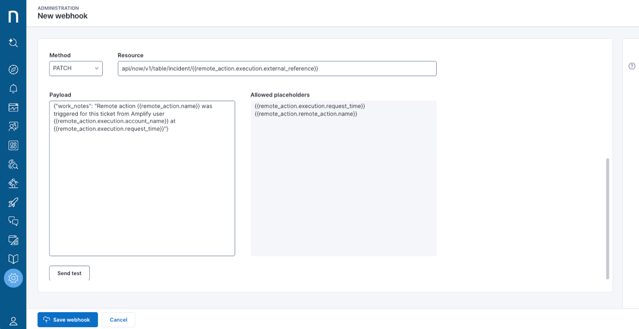 Allowed placeholders from the webhook configuration page.
